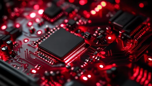 Red-illuminated microchip on circuit board in shallow focus