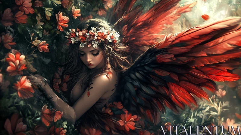 Wildflower seraph draped in ember-feathered twilight wings.