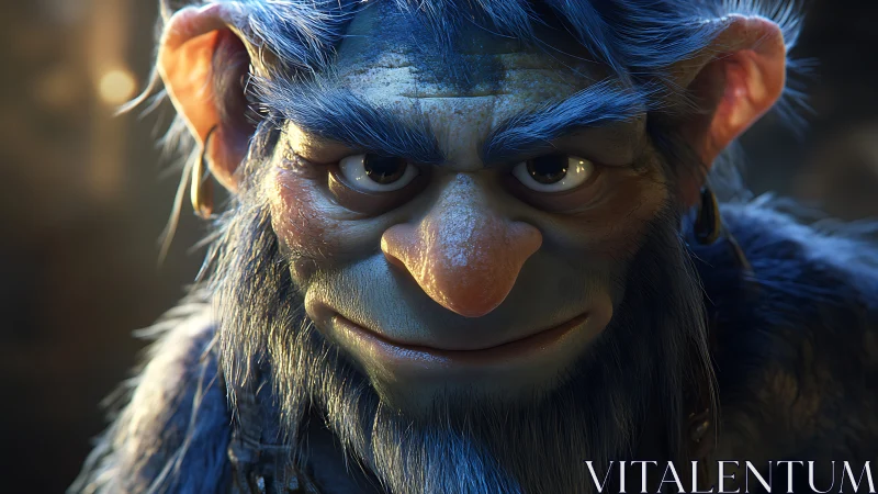 Parametric close-up of blue-furred troll under rim lighting.