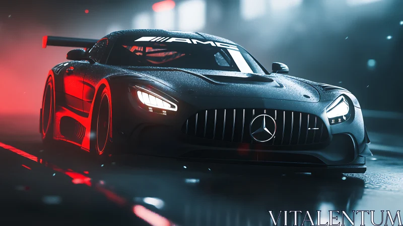 High-detail AMG race car rendered with cinematic wet-surface lighting