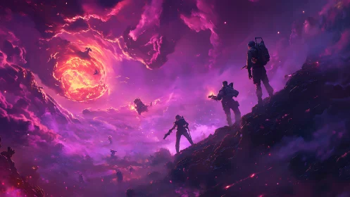 Armored figures on ridge facing luminous vortex skyfield.