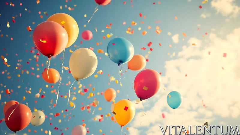 Ascending Balloons Against Blue Sky with Confetti.