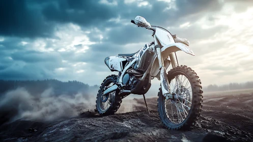 Dirt bike stands on wet off road terrain under cloudy sky