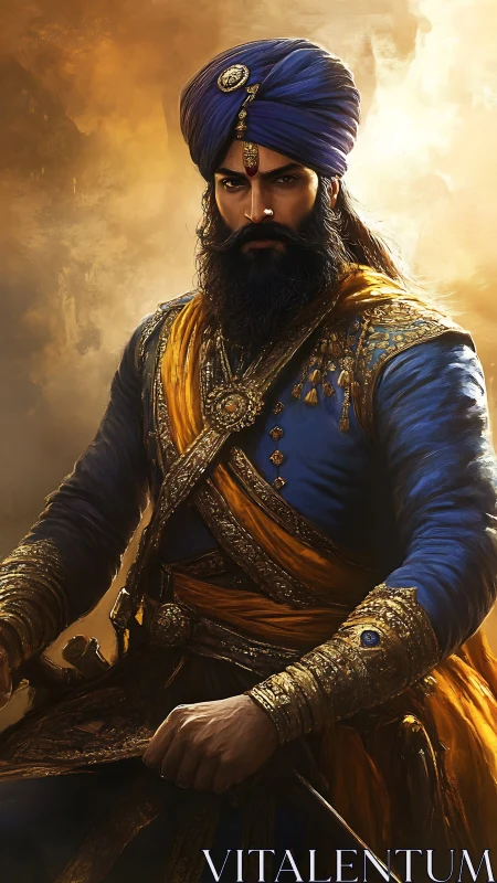 Regal turbaned warrior gazes forward with calm authority