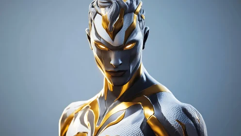Silver and gold futuristic humanoid with glowing eyes.