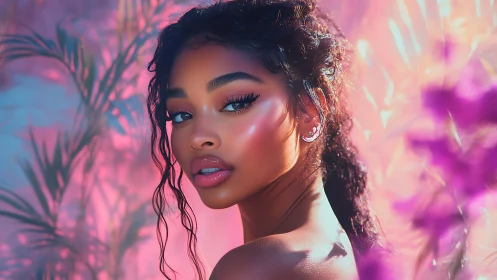Iridescent portrait in neon pink tropical backlight glow.