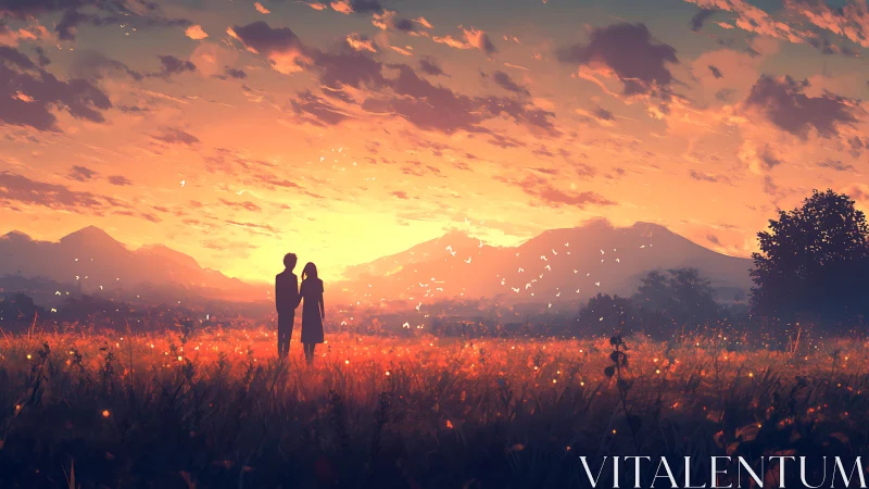 Silhouetted couple in glowing sunset meadow before mountains