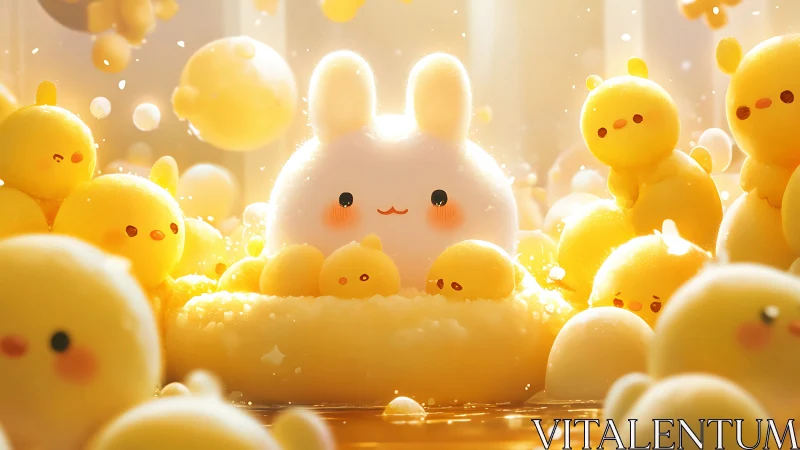 Fluffy white bunny cuddles glowing yellow chicks in light