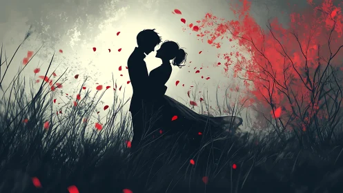 Silhouetted Romance Blooms Where Crimson Petals Dance.