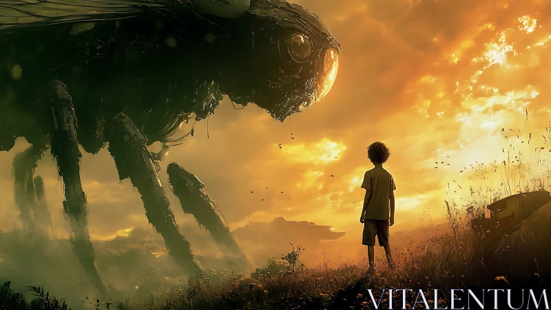 Boy faces colossal mechanical insect under glowing sky