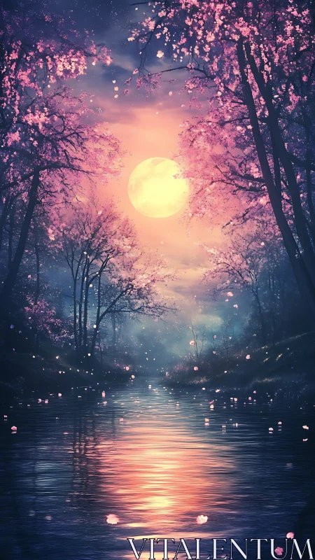 Moonlit cherry blossom river glows in soft pastel twilight.