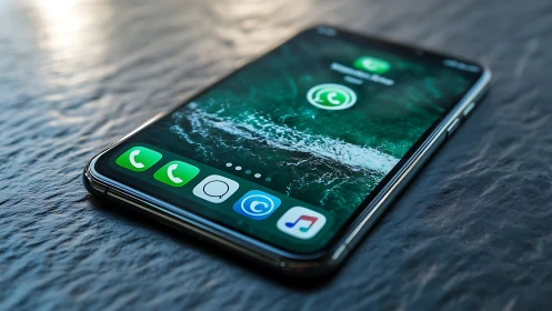 Smartphone on textured surface with WhatsApp call interface active