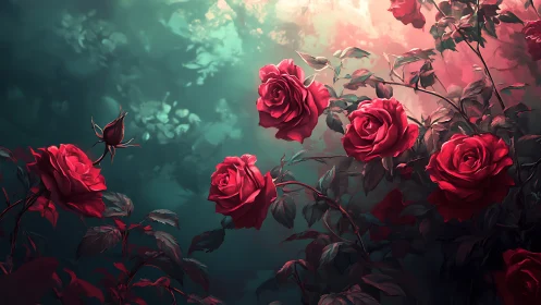 Deep Crimson Roses Against Emerald Luminescence.