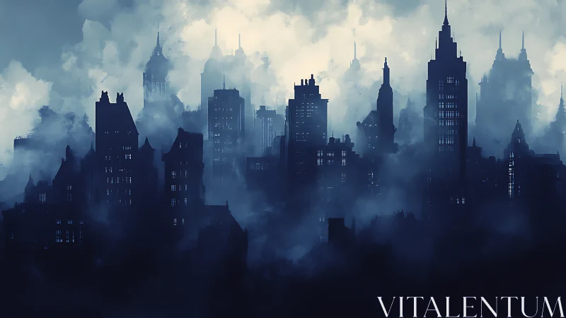 Shrouded skyscraper skyline emerging through deep urban fog.