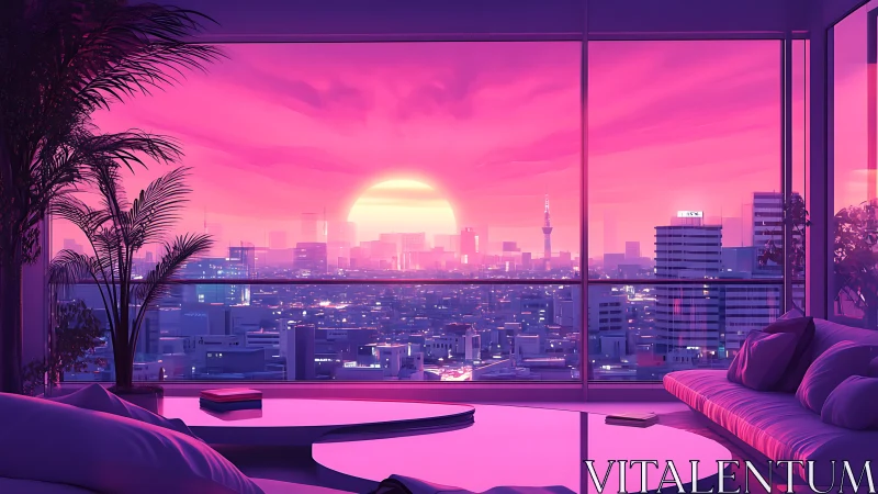 Neon city sunset from glass-walled minimalist penthouse.