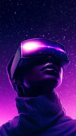 Woman wearing VR headset against neon starry background