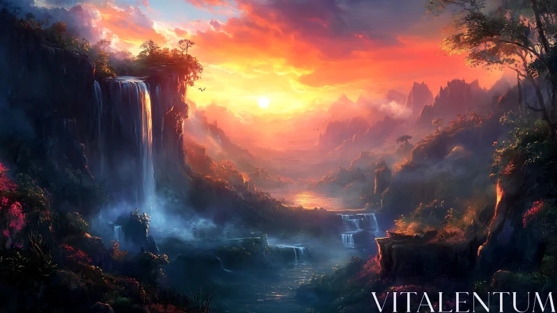 Sunlit waterfalls pour into a misty fantasy valley at dusk.