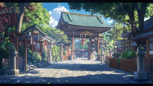 Sunlit Japanese shrine street with traditional gate view.