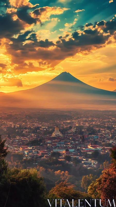 Sunset-illuminated stratovolcano above dense valley cityscape
