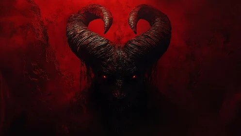 Horned demonic figure emerging from dark red background.