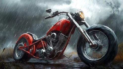 Red custom chopper stands bold in a stormy rain-soaked landscape