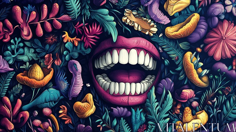 Laughing garden mouth sings through neon jungle blooms