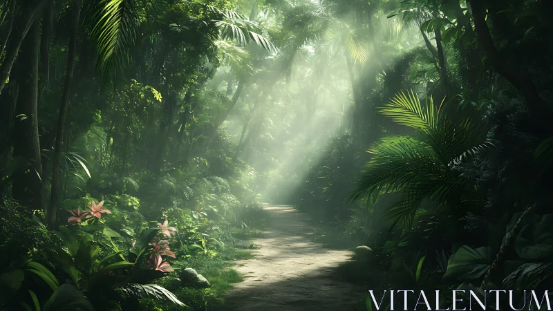 Sunlit Path Through Emerald Jungle Canopy.
