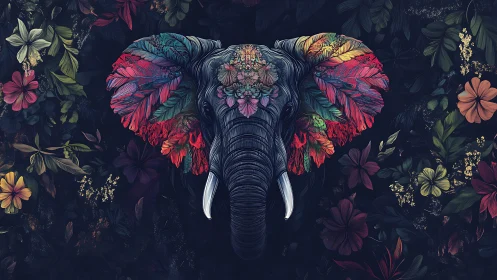Floral elephant portrait merges wildlife form with vivid botanicals.