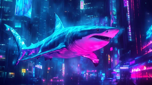 Neon shark glides through cyberpunk cityscape in rain