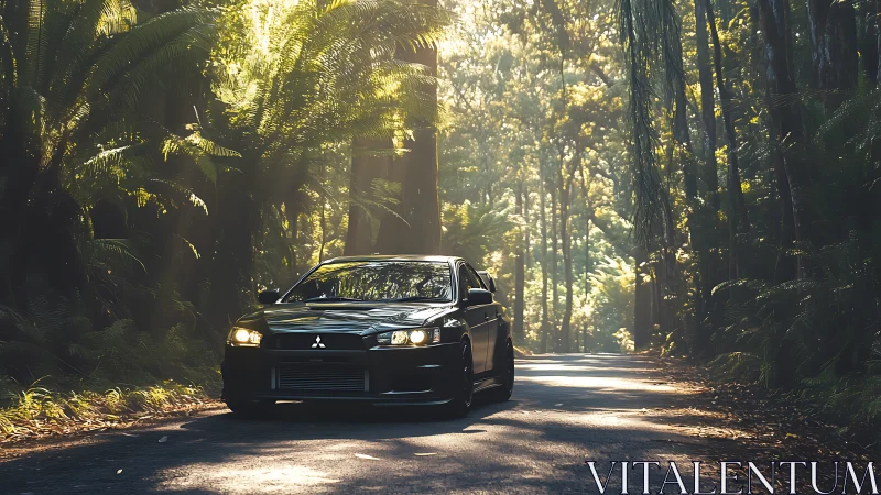 Black Mitsubishi sports sedan on shaded forest road under dappled light