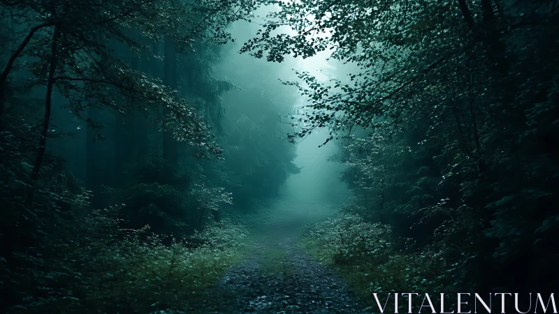 Emerald Forest Path Through Misty Canopy.