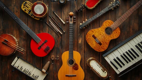 Assorted string and percussion instruments on wooden surface.
