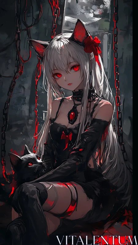 Cat eared anime girl with red eyes sits beside black cat