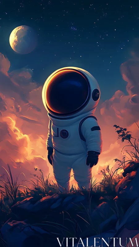 Solitary astronaut observing distant moon at twilight.