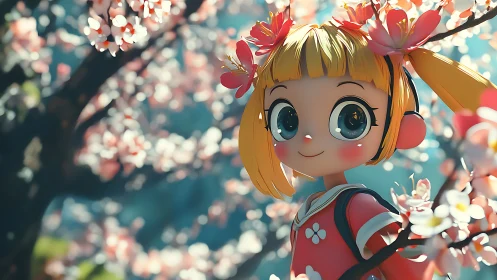 Anime girl with blossoms in soft spring garden scene.