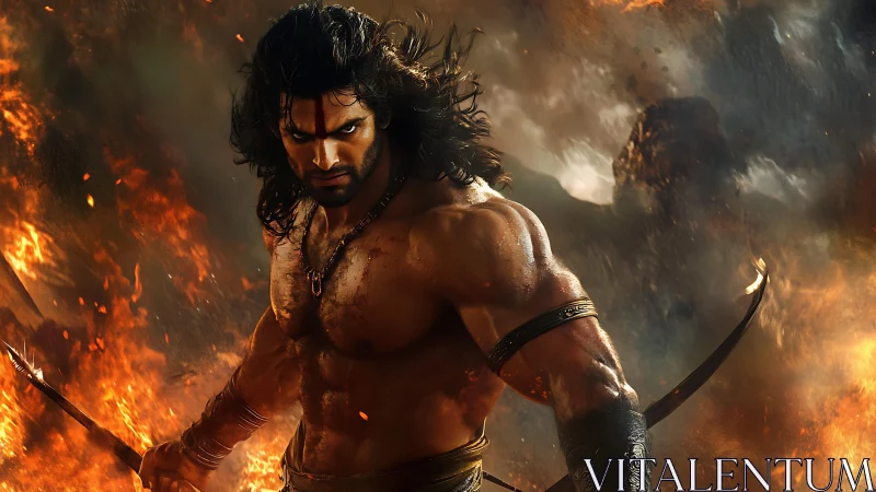 Muscular warrior archer strides through dynamic volumetric fire field