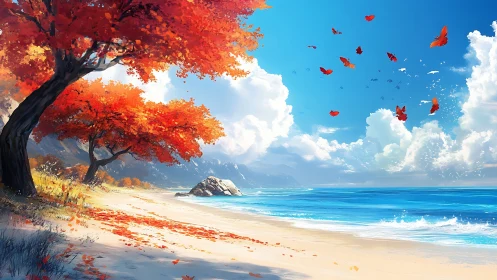Autumn Tree Coastal Landscape with Falling Leaves