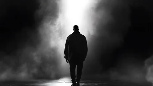 Silhouette of lone figure walking toward bright white light.