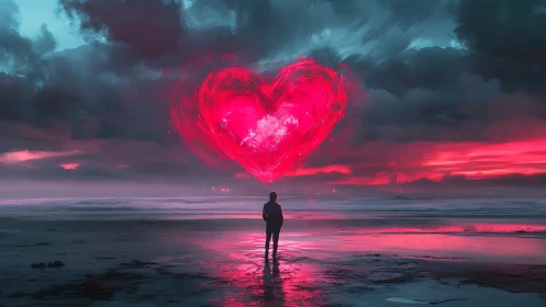 Solitary figure gazes upon a luminous heart in the sky