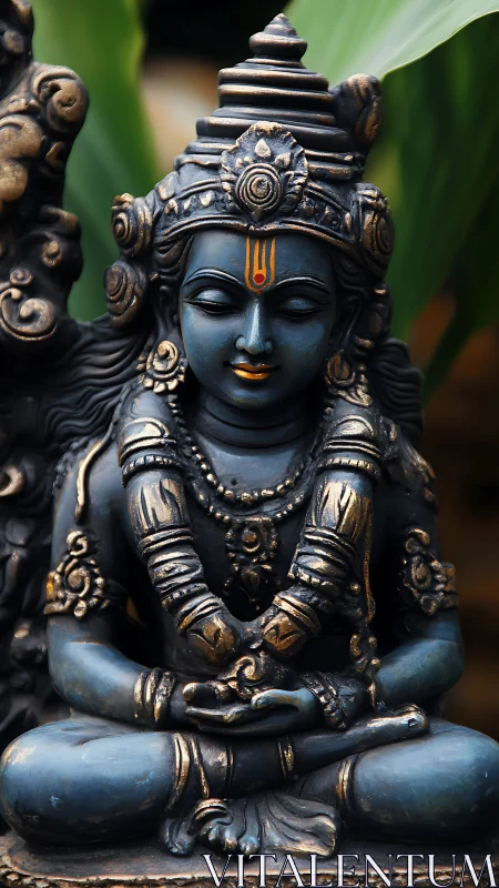 Serene blue deity statue radiating calm and quiet strength.