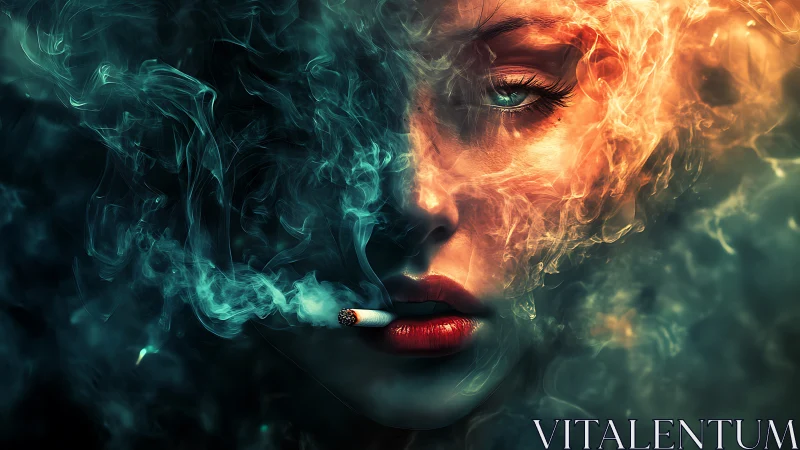 Smoldering portrait entwined with teal and ember smoke.