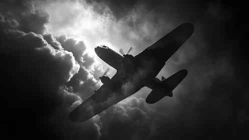 Stormlit airplane silhouette cuts through dramatic night clouds