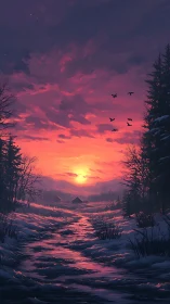 Digital painting of winter valley sunset with stream perspective.
