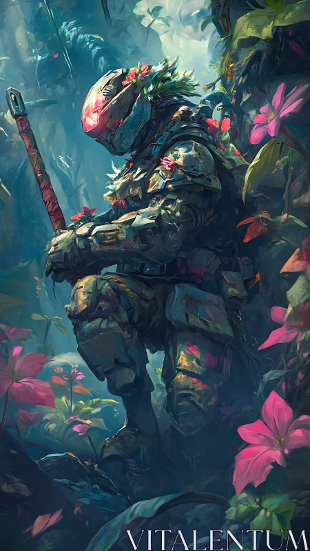 Digital painting of armored jungle scout in luminous flora field.