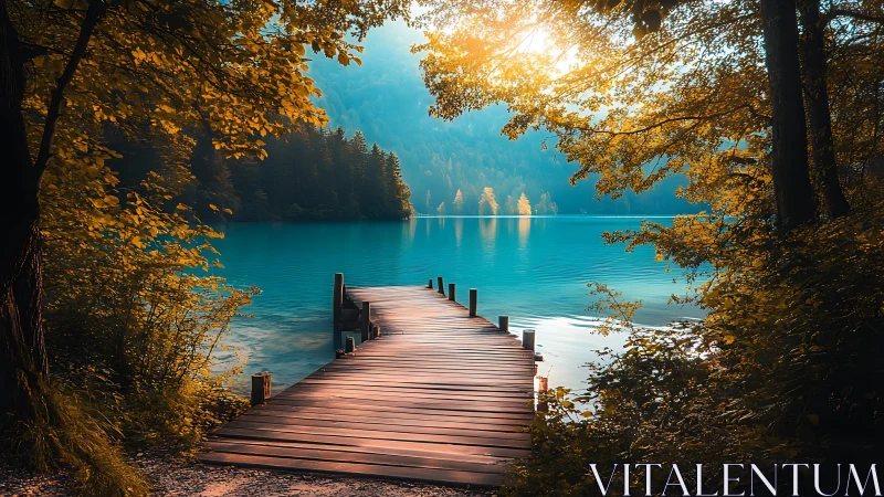 Wooden lakeside pier under backlit trees and still water.
