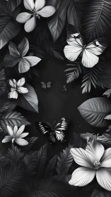 Monochrome tropical foliage with high-contrast butterflies cluster