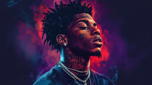 Neon-lit rap dreamer adrift in crimson violet smoke.