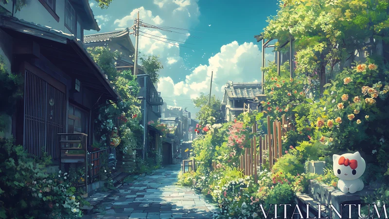 Sunlit floral alley frames quiet Japanese street scene