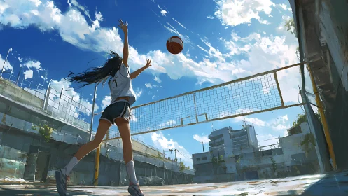 Dynamic anime sports scene with urban volleyball courtyard framing.