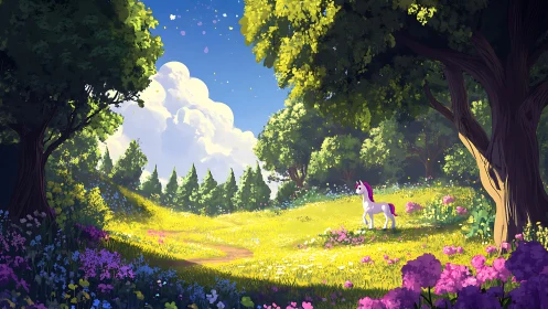 Digital landscape shows unicorn in sunlit forest clearing